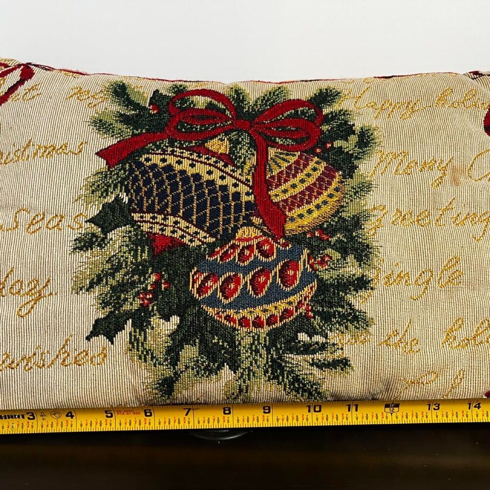 Vintage Christmas Tapestry Accent Pillow Woven Holiday Ornaments Gold Script